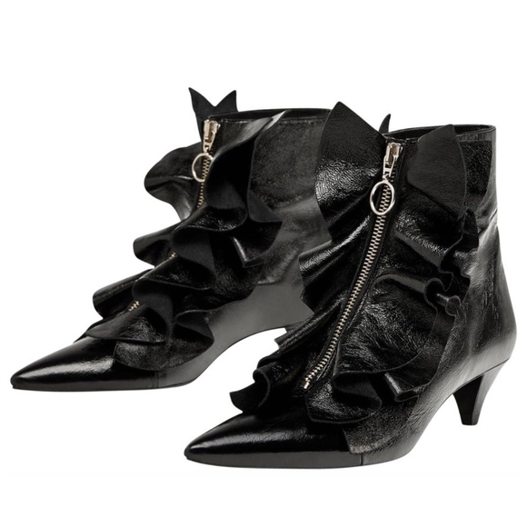 Zara Leather Ruffled Zipper Kitten Heel Ankle Boot